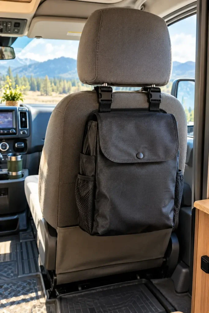 Slim waterproof trash organizer bag hanging from the front passenger seatback in a camper van.