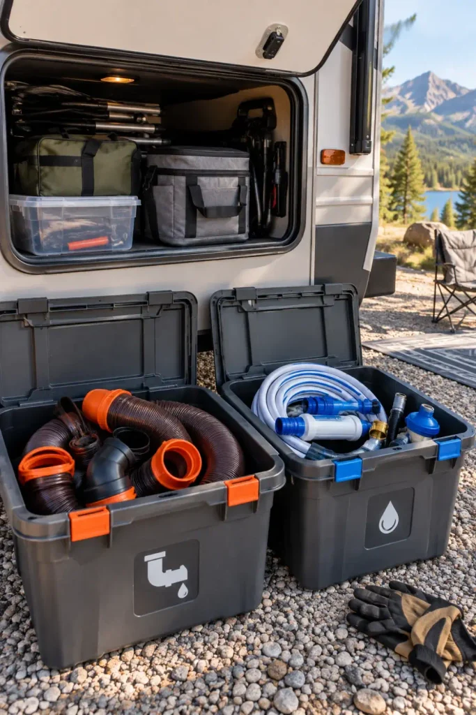 Two dedicated plastic storage bins for RV sewer hoses and utility gear placed outside an open RV storage bay.

