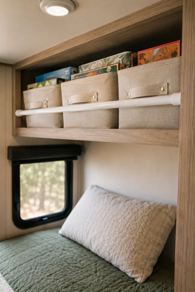 Spring-loaded tension rod acting as a security rail across an open RV storage shelf to keep bins in place.