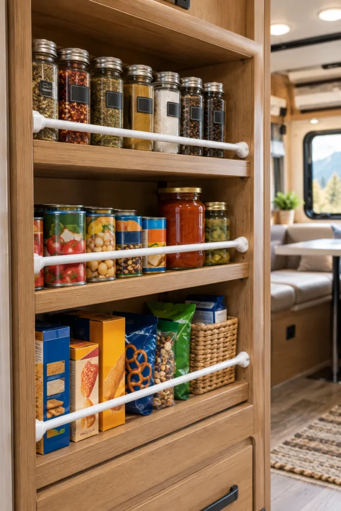 Heavy duty white tension rod installed across an RV open shelf holding pantry jars and cans in place.