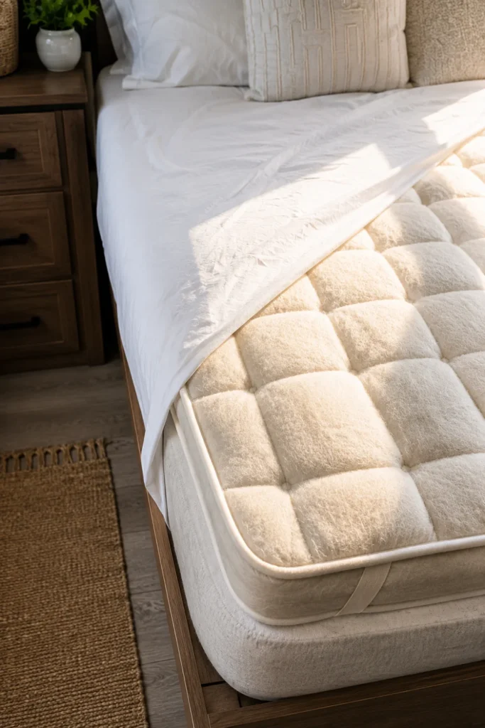 Layered camper bed showing a plush quilted wool mattress topper beneath crisp white sheets.