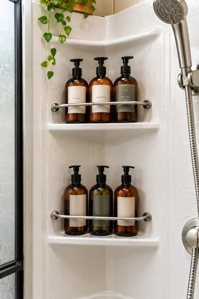 Stainless steel retention bars installed across RV shower corner shelves holding shampoo bottles