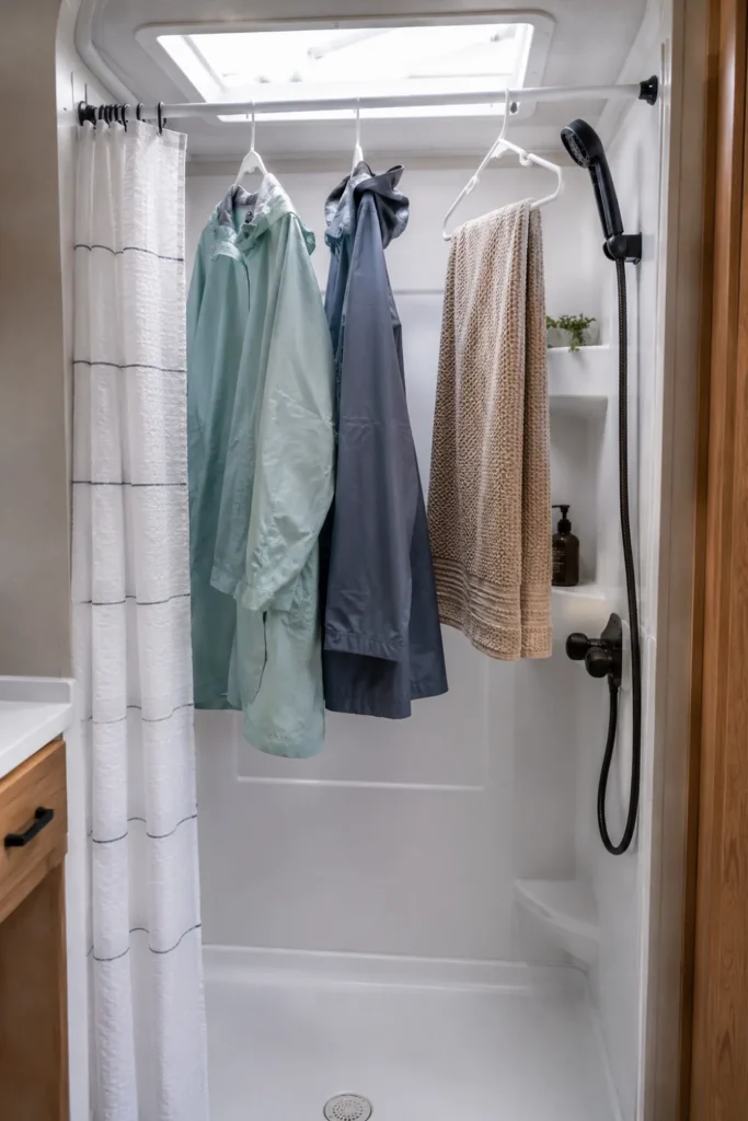 Tension shower rod installed in a camper shower holding hanging rain jackets and wet towels.