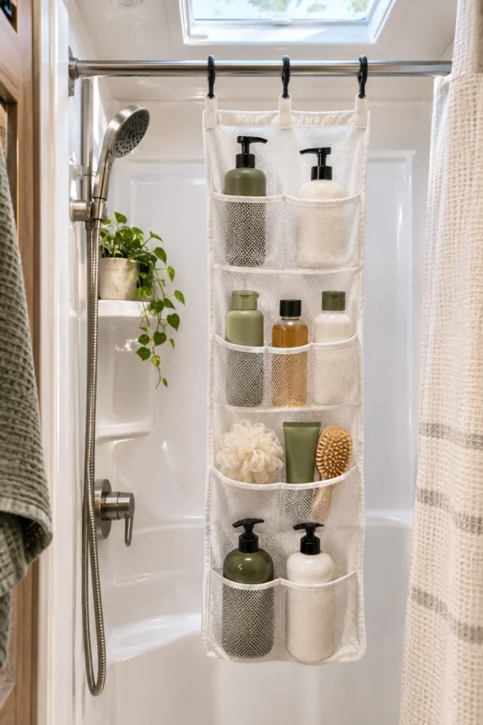 Mesh pocket caddy hanging on an RV shower rod holding shampoo bottles and bath accessories.