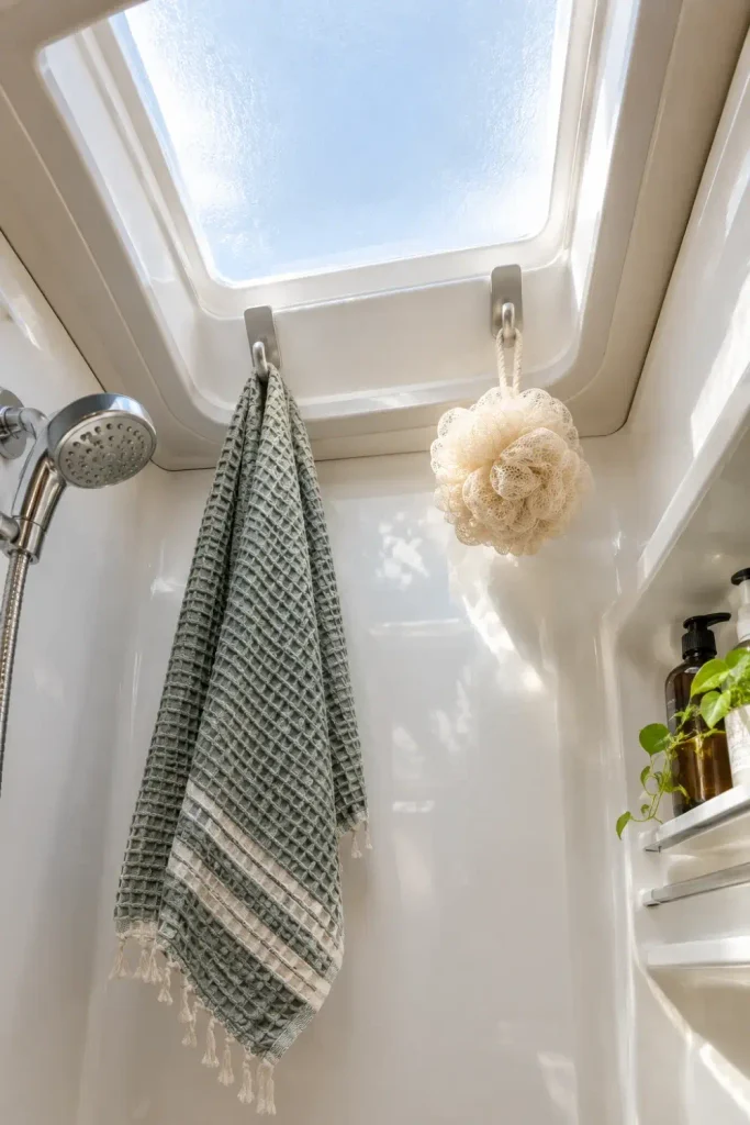 Waterproof adhesive hooks mounted inside an RV shower skylight dome holding a hanging towel
