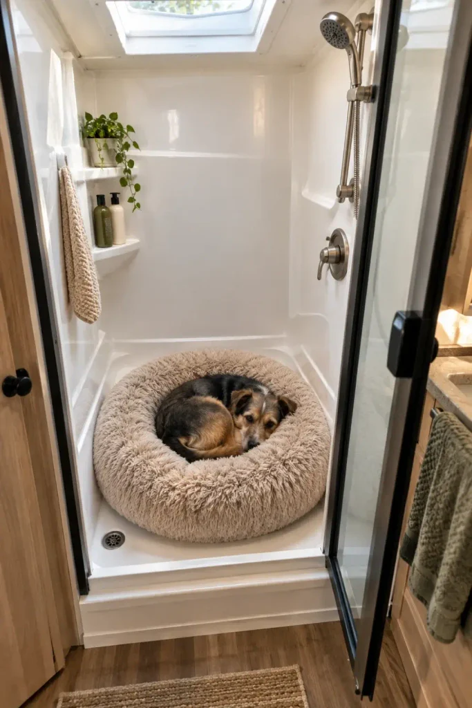 Round plush shag donut calming dog bed tucked inside a dry RV shower pan for nighttime rest.
