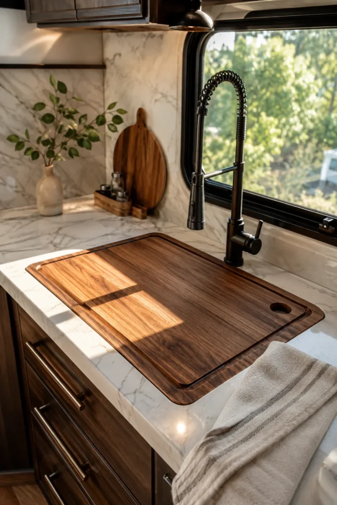 Single basin RV kitchen sink with fitted wooden cutting board cover.
