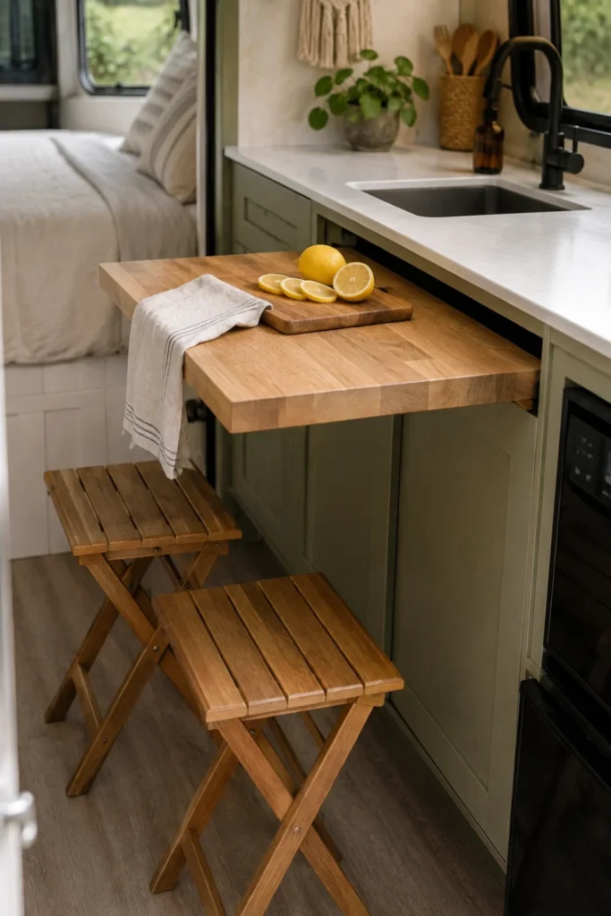 Slide-out butcher block dining board extended from kitchen cabinets in a camper van.
