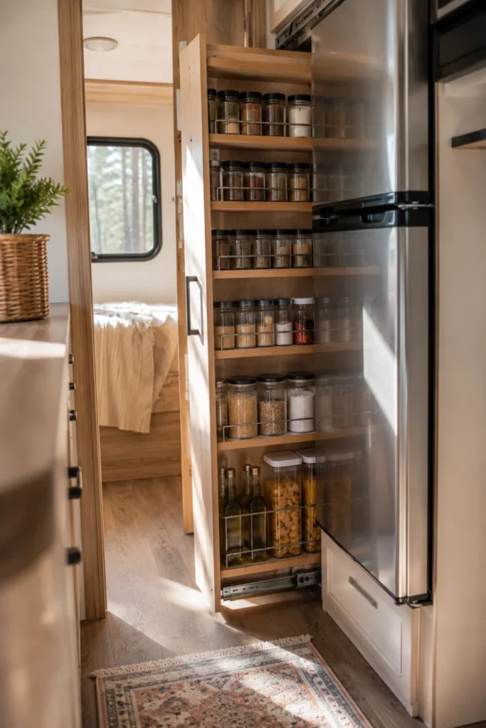 Narrow pull-out pantry tower built into space beside an RV refrigerator.