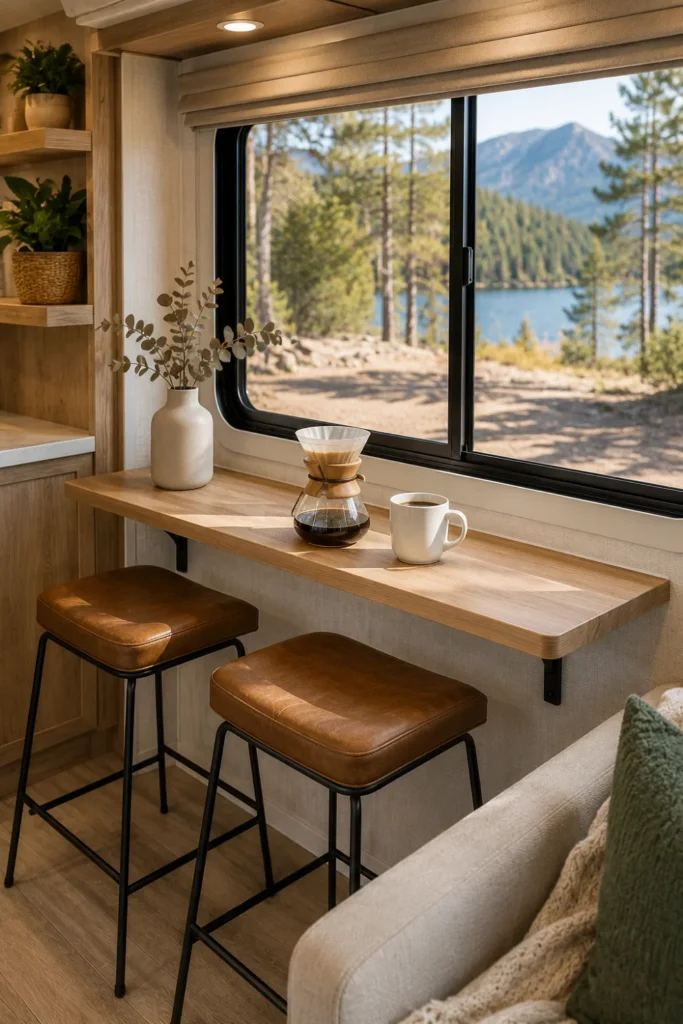 Window-facing wooden breakfast bar counter with backless stools installed in an RV slideout.