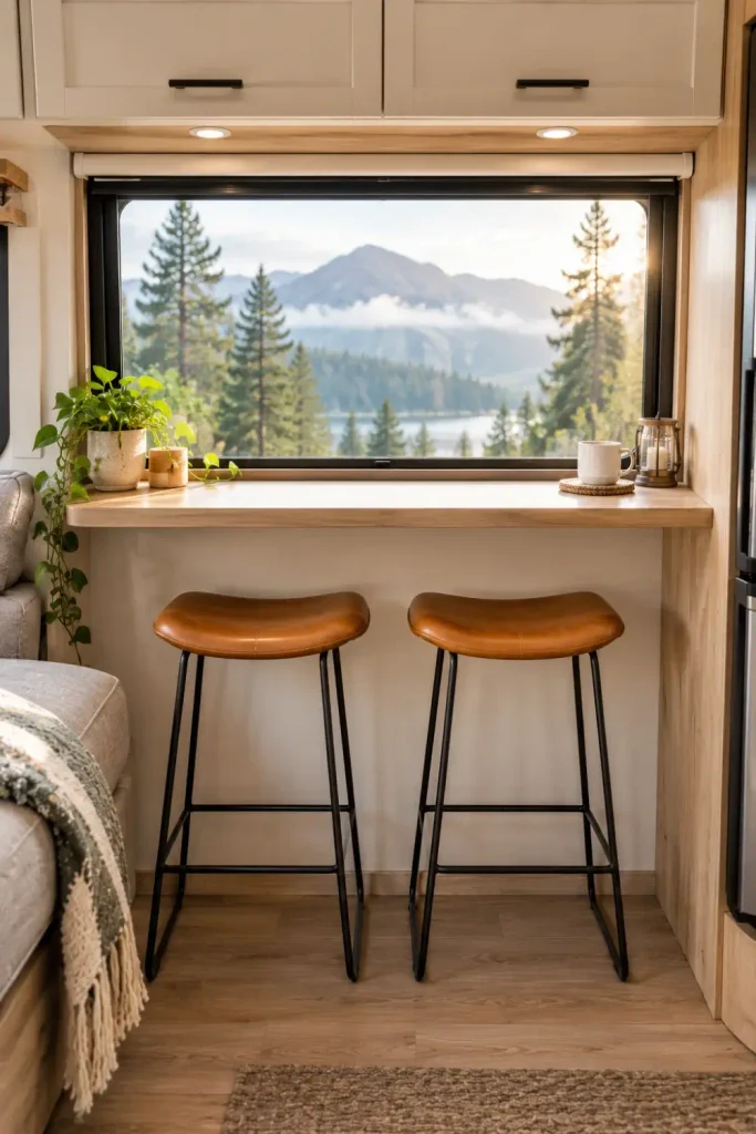 Slim window-facing breakfast bar counter with modern metal and leather stools inside an RV slide-out.
