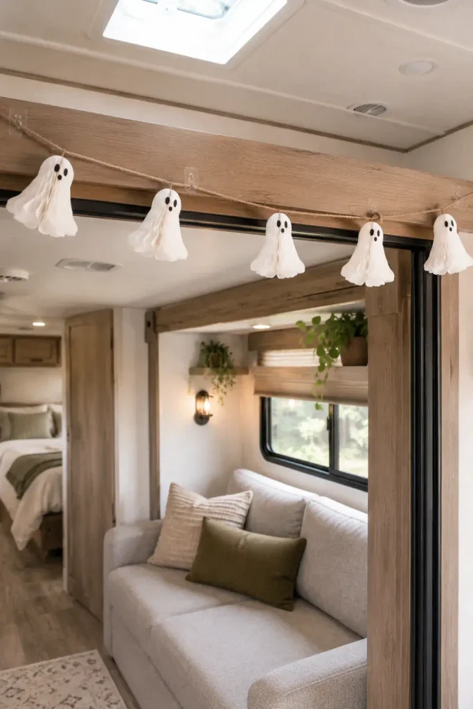 White accordion honeycomb paper ghost garland hung from small clear hooks across an RV slide-out trim.
