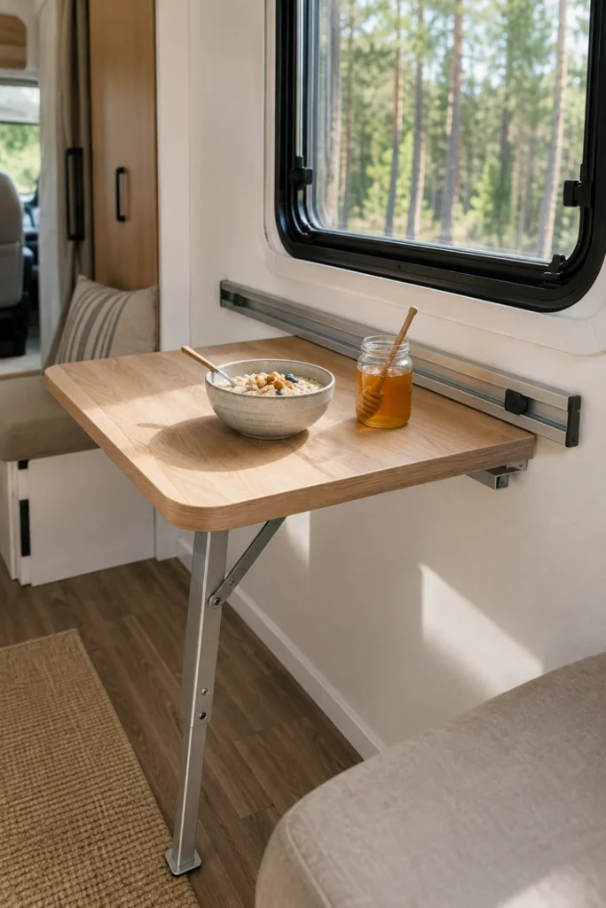 Sliding wall track rail system holding a wooden dining table inside a modern travel trailer.
