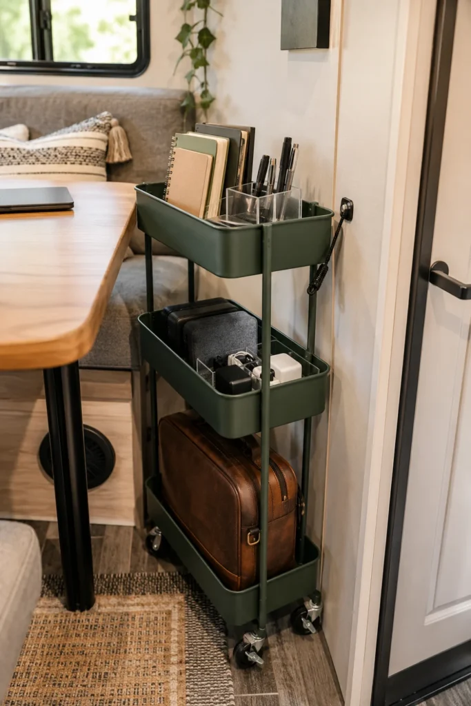 Narrow 3-tier metal rolling utility cart storing office supplies and tech gear beside an RV desk.