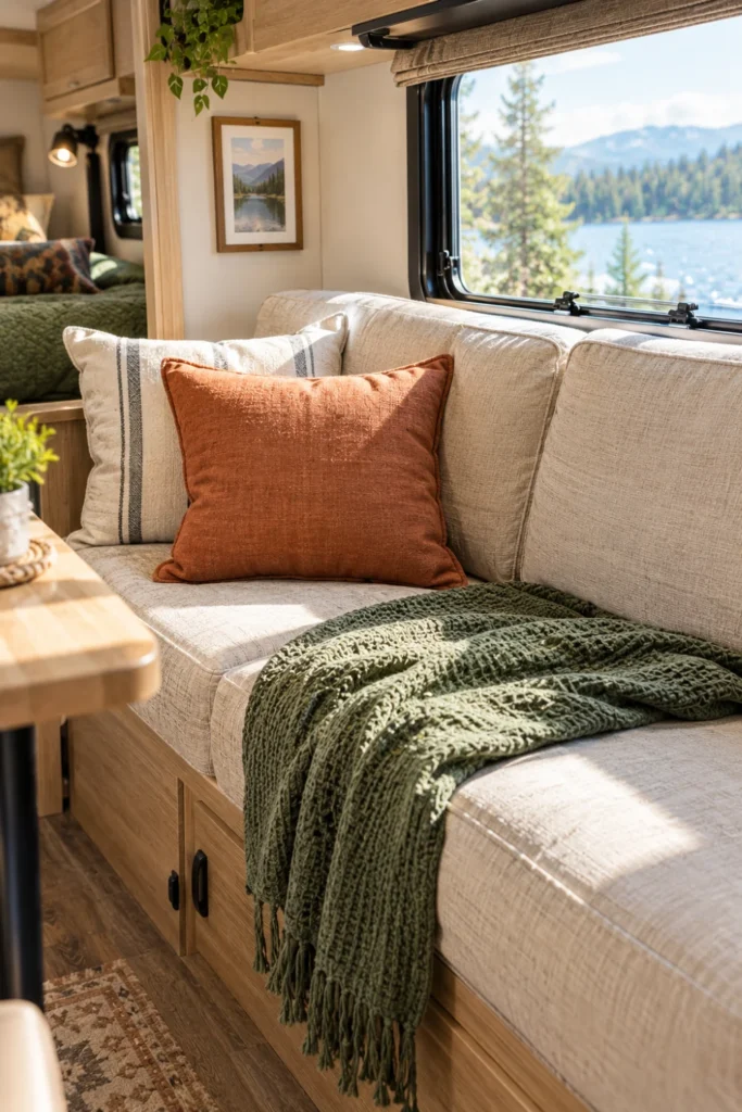 Fitted neutral linen slipcovers on an RV sofa cushion with a textured throw blanket.
