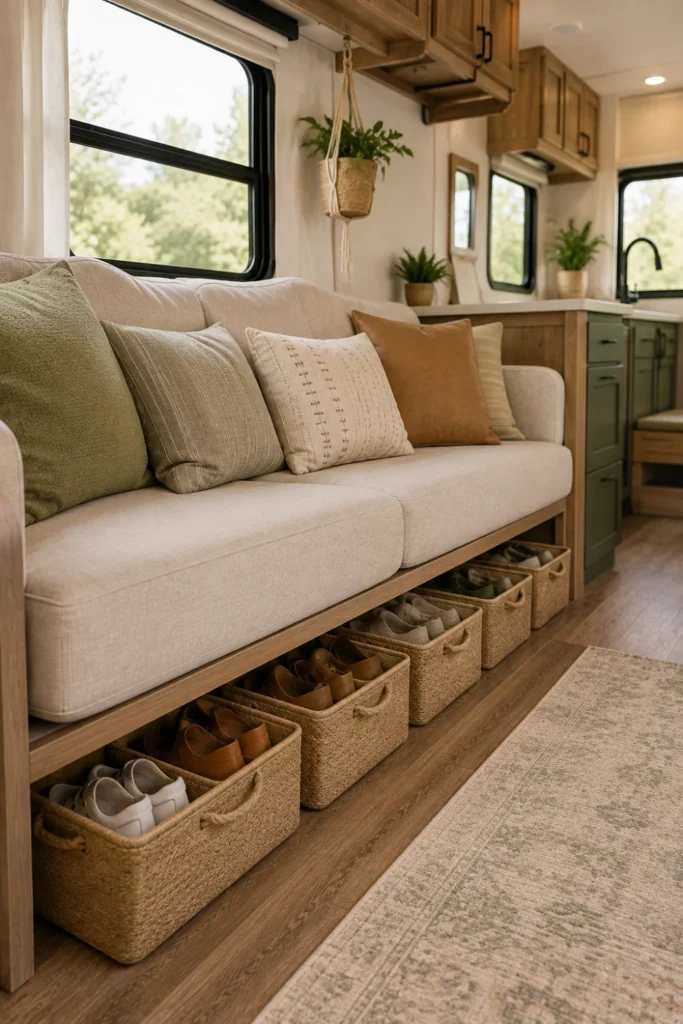 Individual shoe baskets stored underneath an RV sofa