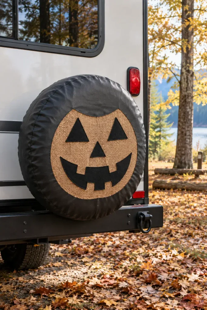 Black vinyl RV spare tire cover decorated with a smiling felt jack-o'-lantern face cutout.
