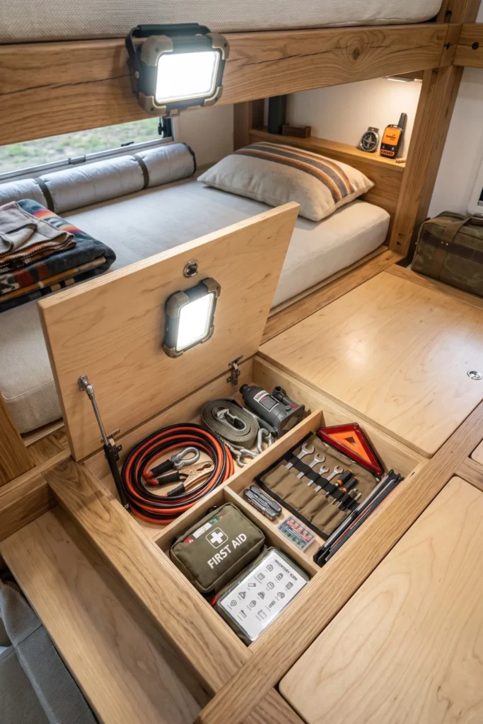 Split plywood bed platform with separate opening hatches for RV gear storage.