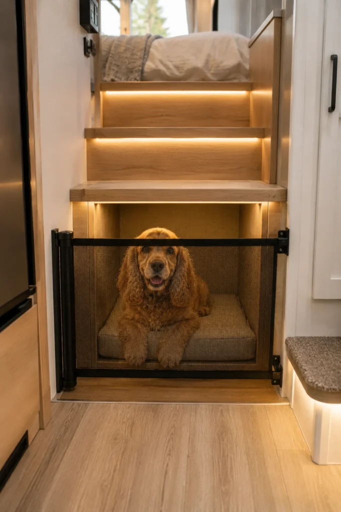 Sunken dog den built into the base of RV bedroom stairs secured with a retractable mesh safety gate.
