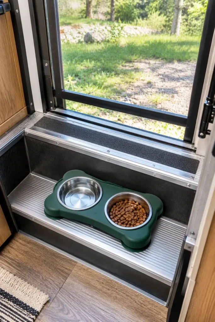 Silicone double dog feeder set neatly on the lower entryway step inside an RV.