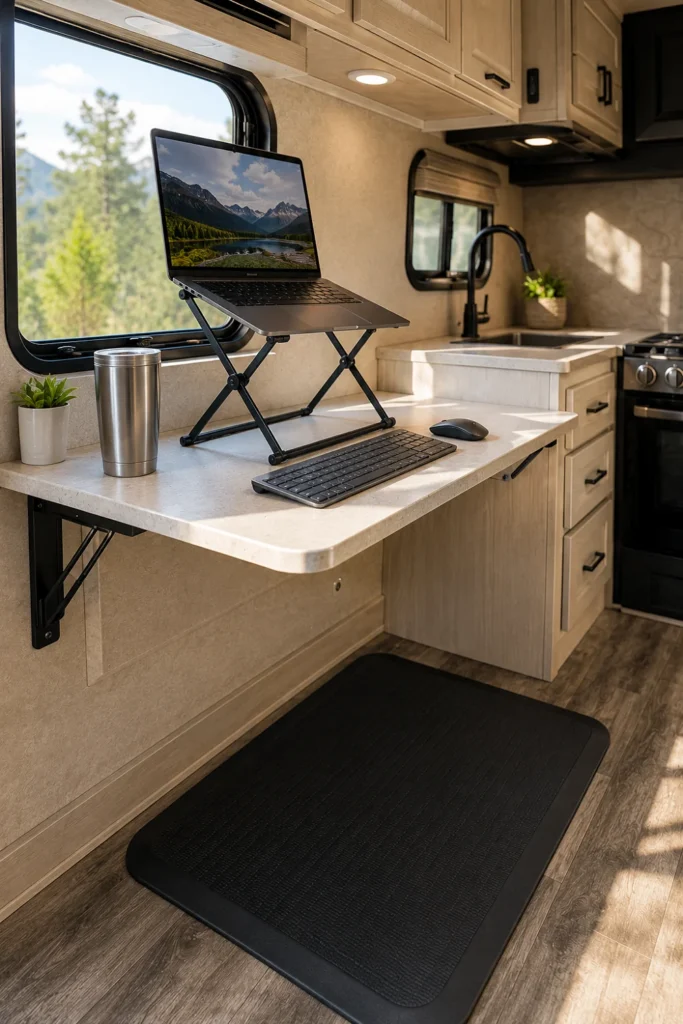 Aluminum folding standing desk laptop riser placed on a flip-up RV kitchen counter extension.