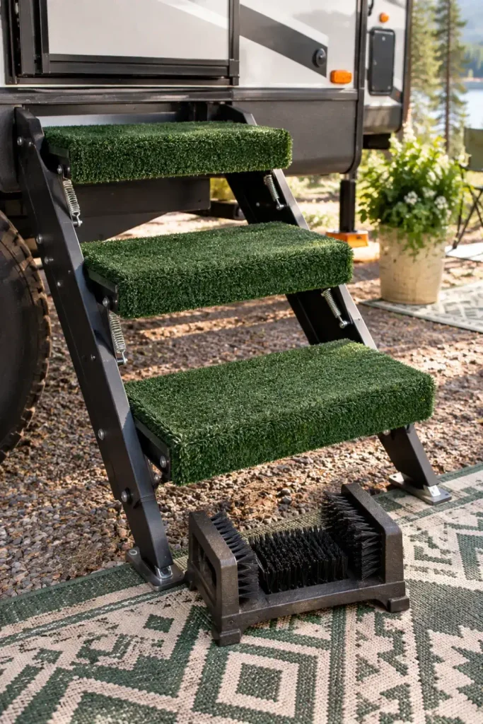 AstroTurf textured covers wrapped on RV entry stairs with an iron boot scraper resting on the bottom step.