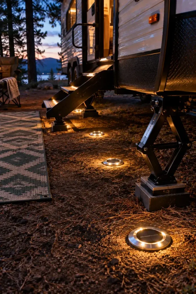 Flat solar disc LED lights placed flush in the ground illuminating RV steps and stabilizer jack footpads at dusk.