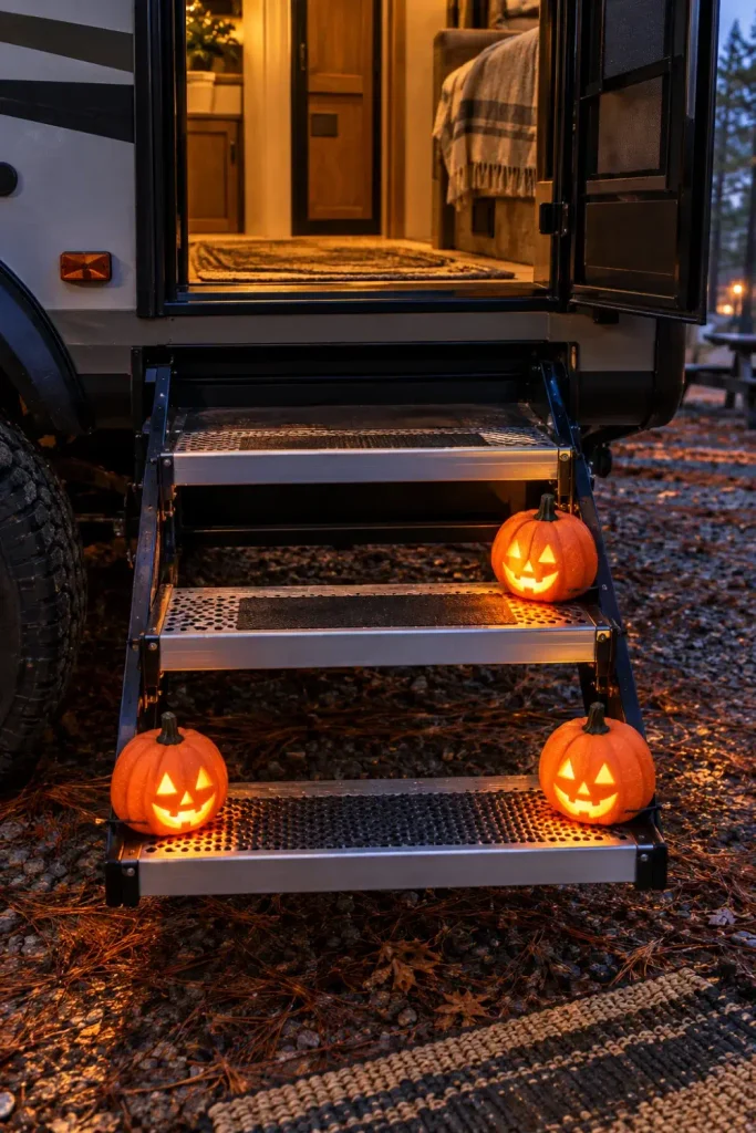 Carved foam jack-o-lanterns with warm LED lights secured to the corners of fold-out RV camper steps