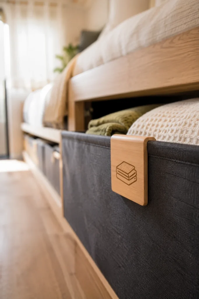 Wooden clip-on label tags attached to fabric storage bins under an RV bed