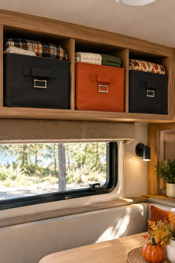 Black and burnt orange canvas storage cubes neatly organized in an upper RV shelf cubby.
