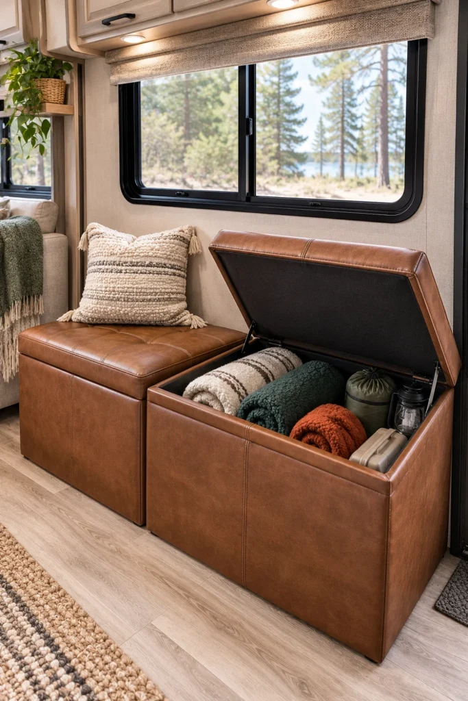 Saddle brown storage ottomans with lift-up lids providing hidden gear storage and flexible RV seating.