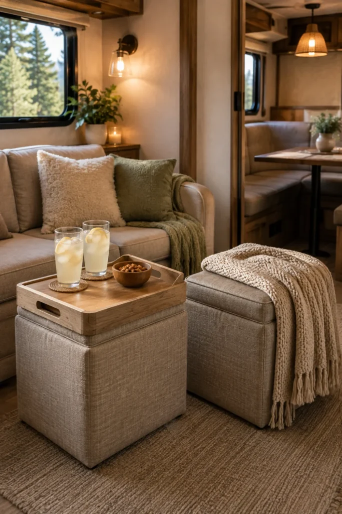 Dual storage ottomans with a reversible wood tray lid used as a coffee and dining table in a camper.
