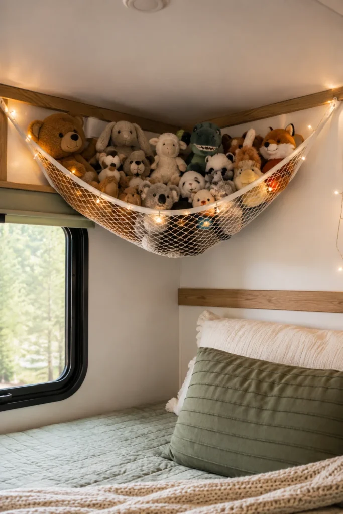 An elastic mesh cargo net mounted in an RV ceiling corner holding colorful stuffed animals.