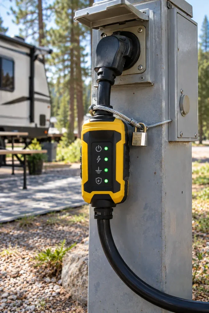 Portable RV surge protector plugged into a campground power pedestal showing green safety lights.
