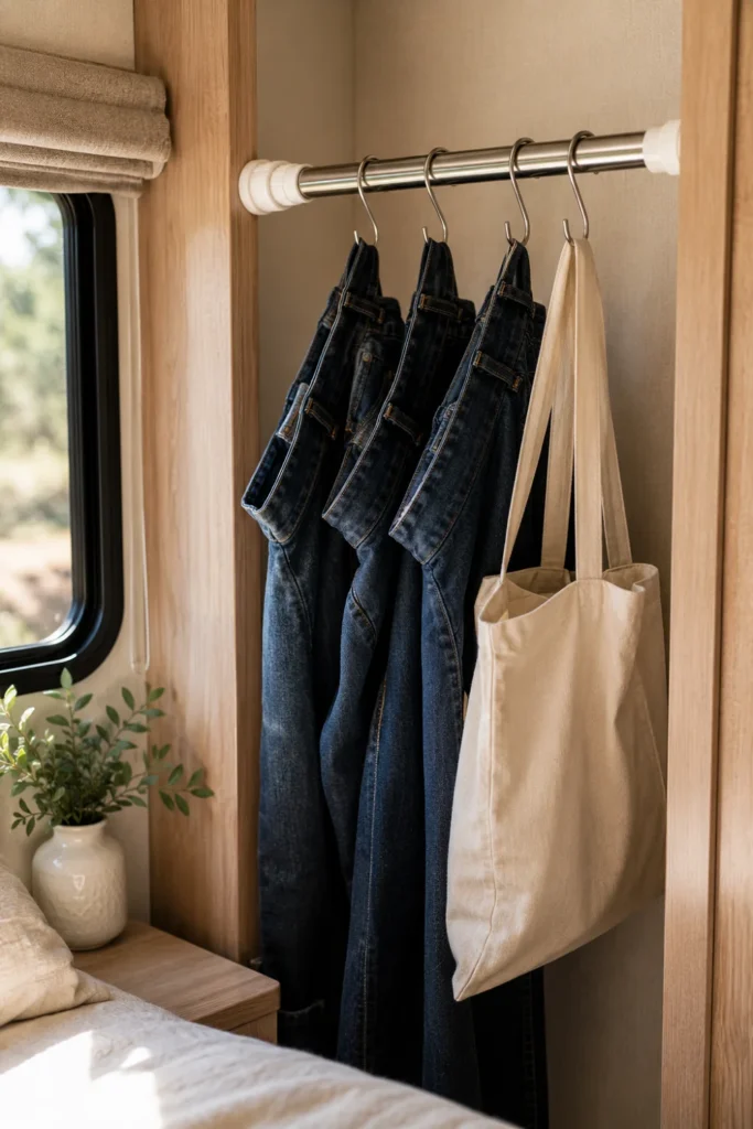 A spring tension rod mounted in an RV corner alcove with metal S-hooks holding denim jeans.