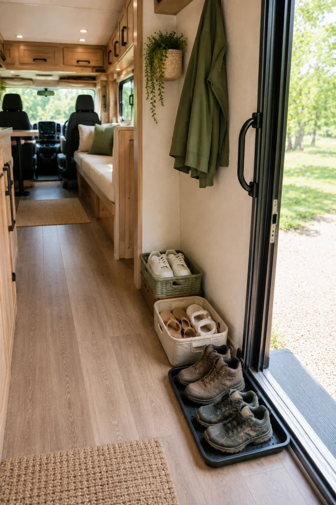 Three-zone RV shoe drop zone for sneakers sandals and boots