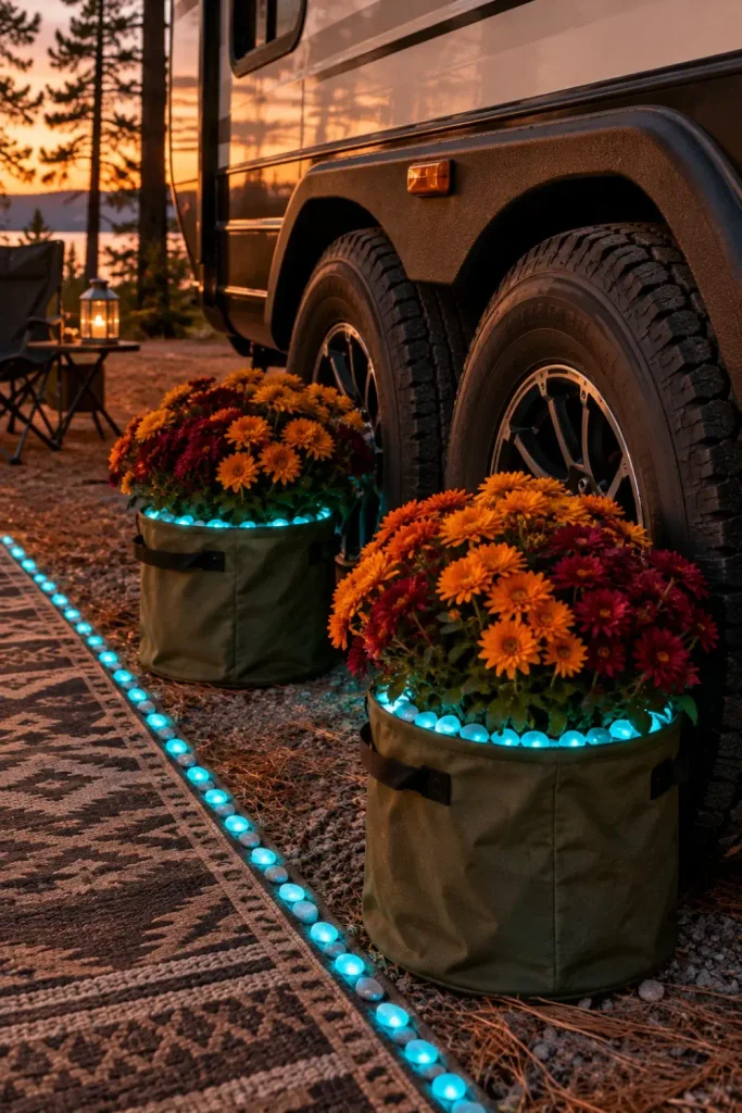 Collapsible canvas planters with orange faux mums and glowing pebbles placed in front of RV trailer tires.
