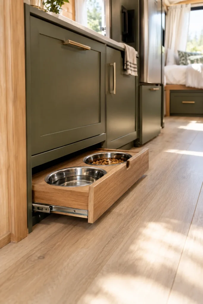 Built-in toe kick drawer dog feeder pulled out on an RV kitchen floor with stainless steel bowls.