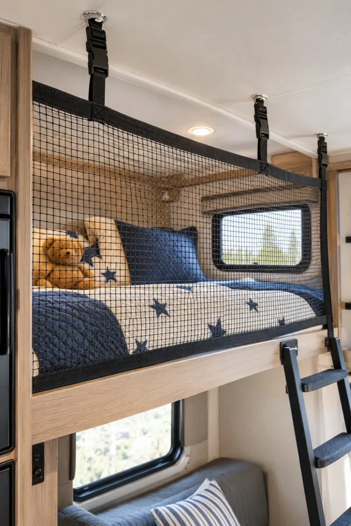 Marine-grade safety bunk netting with quick-release buckles installed on a top camper bunk.