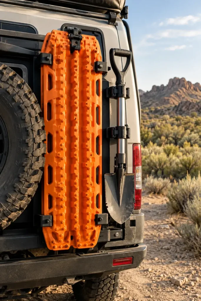 Bright orange tire traction boards and compact shovel mounted on the rear of an overland camper.