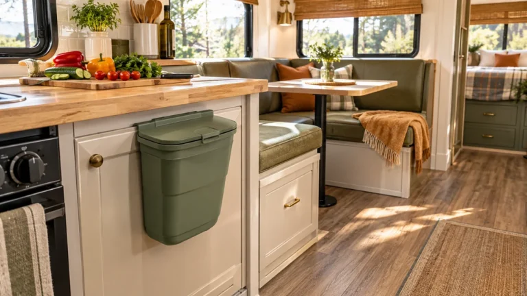 A collapsible sage green hanging trash can mounted to a cream lower cabinet door in an organized, sunlit RV kitchen.