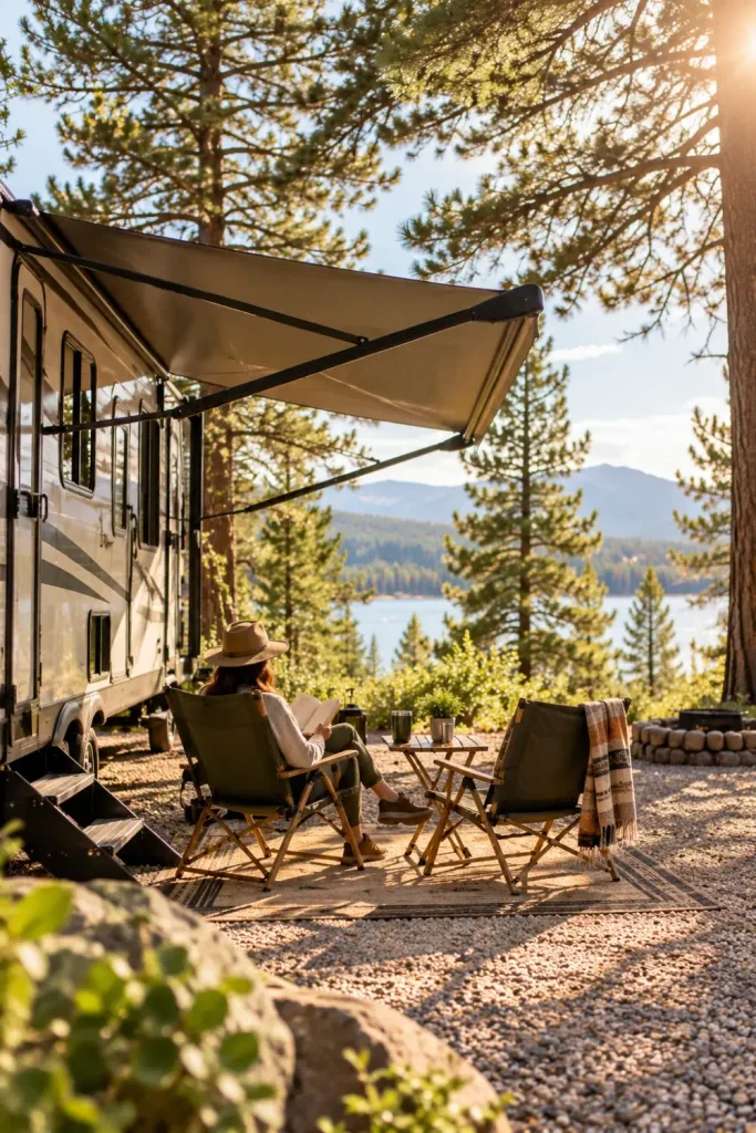 Travel trailer parked at a relaxing wooded campsite in the early afternoon with chairs set up under the awning.
