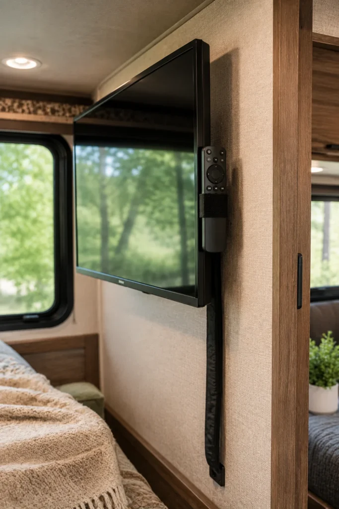 Mounted RV TV with cables bundled in a fabric sleeve and a remote attached to the side with velcro.