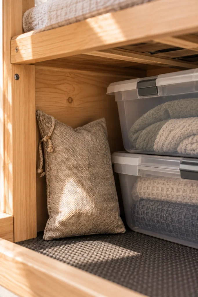 Bamboo charcoal air purifying bag placed in the corner of an RV under-bed cavity