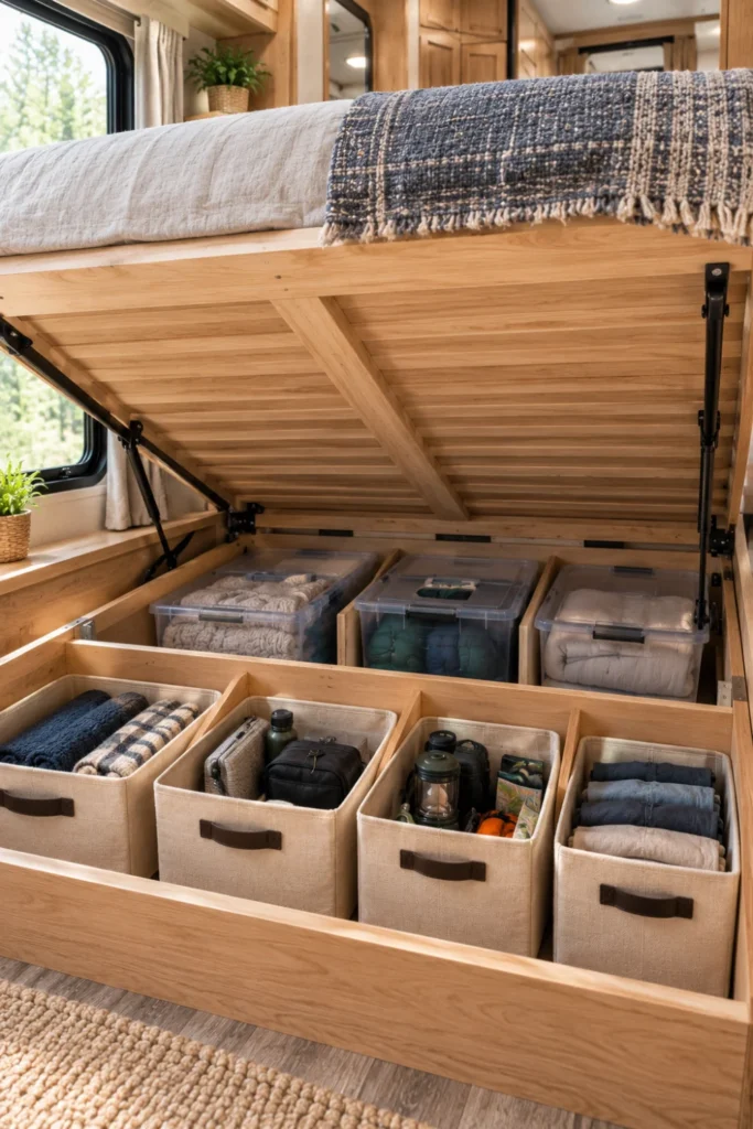 RV under bed compartment partitioned into separate access zones with wooden dividers
