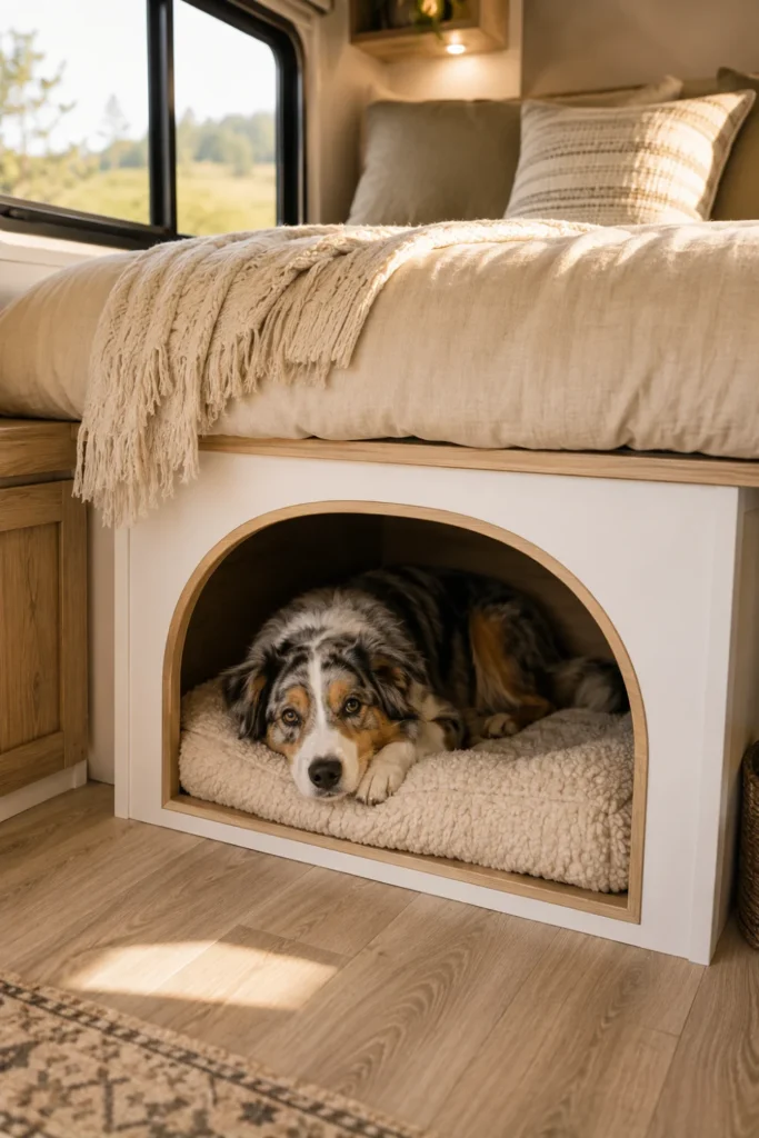 Built-in dog crate converted from the storage space under an RV master bed with an Australian Shepherd inside.