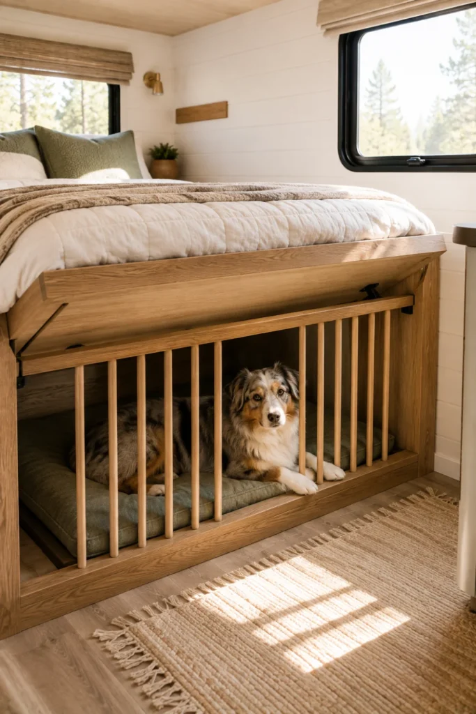 Built-in dog kennel underneath an RV bed platform with vertical wood spindles and a dog resting inside.