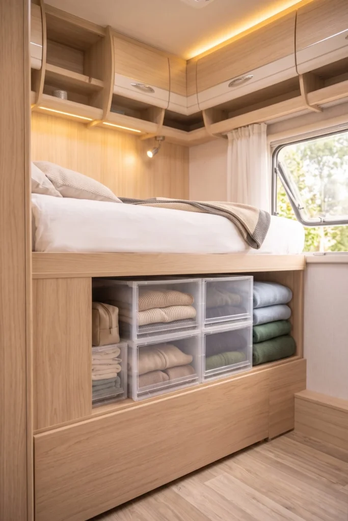 Clear plastic drop-front storage boxes stacked vertically inside a camper bed frame