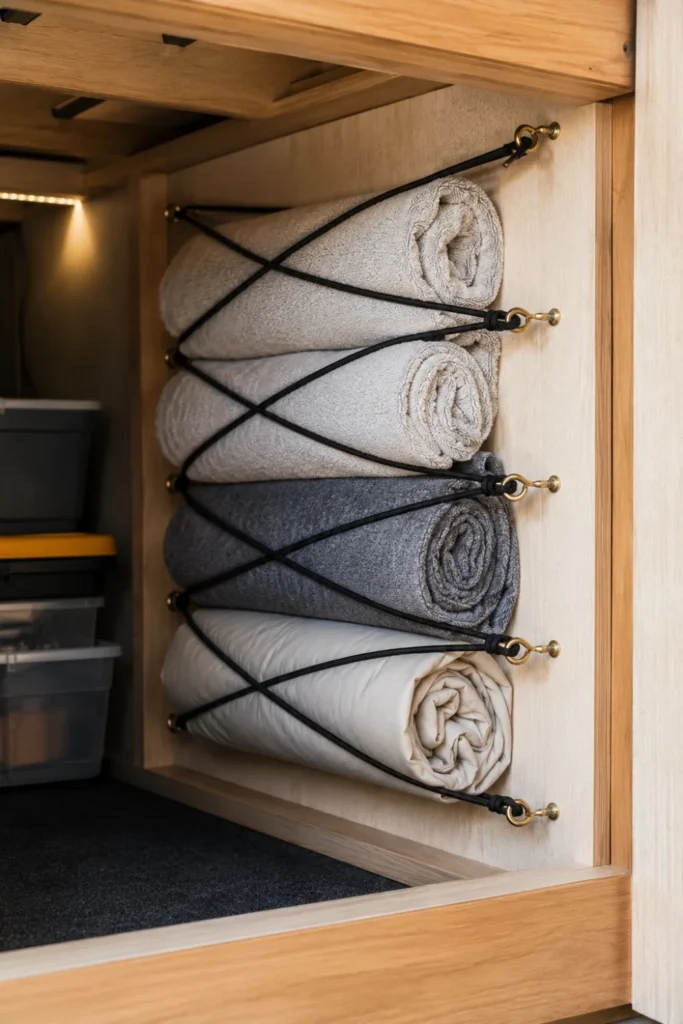 Elastic shock cords stretched across an RV bed cavity wall holding rolled sheets