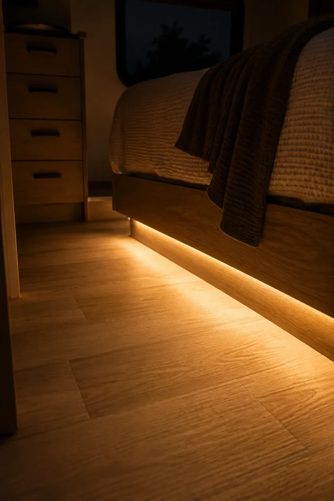 Warm amber under-bed LED strip lighting softly illuminating the floor of an RV bedroom at night